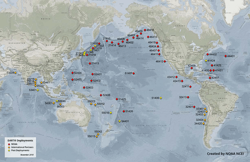 DART buoy locations on a map showing the western Altanic, Pacific, and Indian oceans.