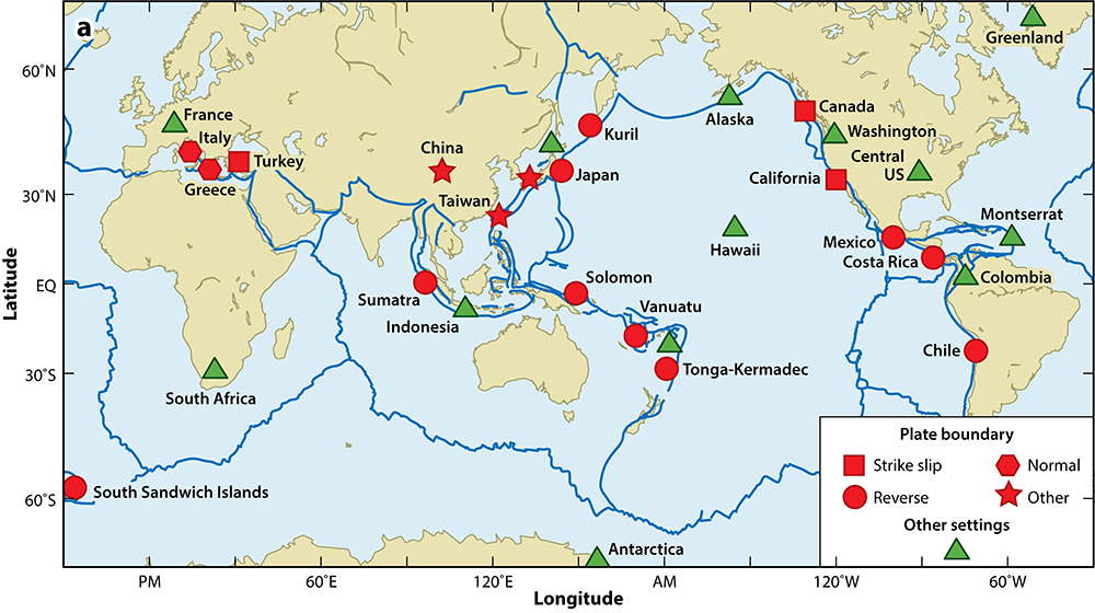 World map showing locations of know repeating earthquakes.