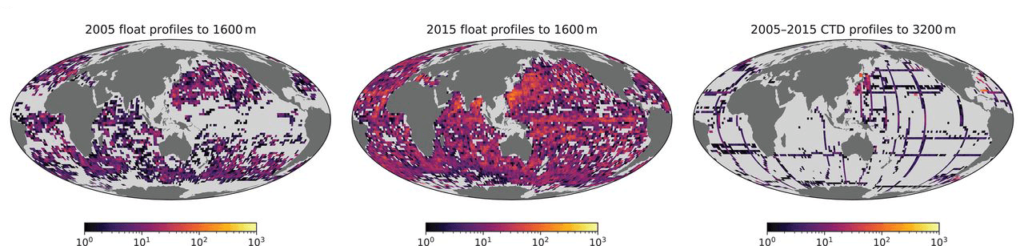 maps showing the density of measurements by ship (CTD) and floating buoy.