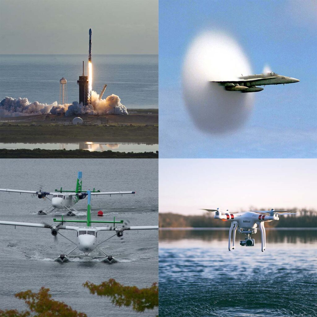 A montage of images - a rocket launching with the ocean iin the background, a fighter jet at the moment of breaking the sound barrier with a. condensation cloud obscuring the back half of the aircraft, two seaplanes taxing on the water, a drone hovering over water with ripples created on the water from the drone downwash.